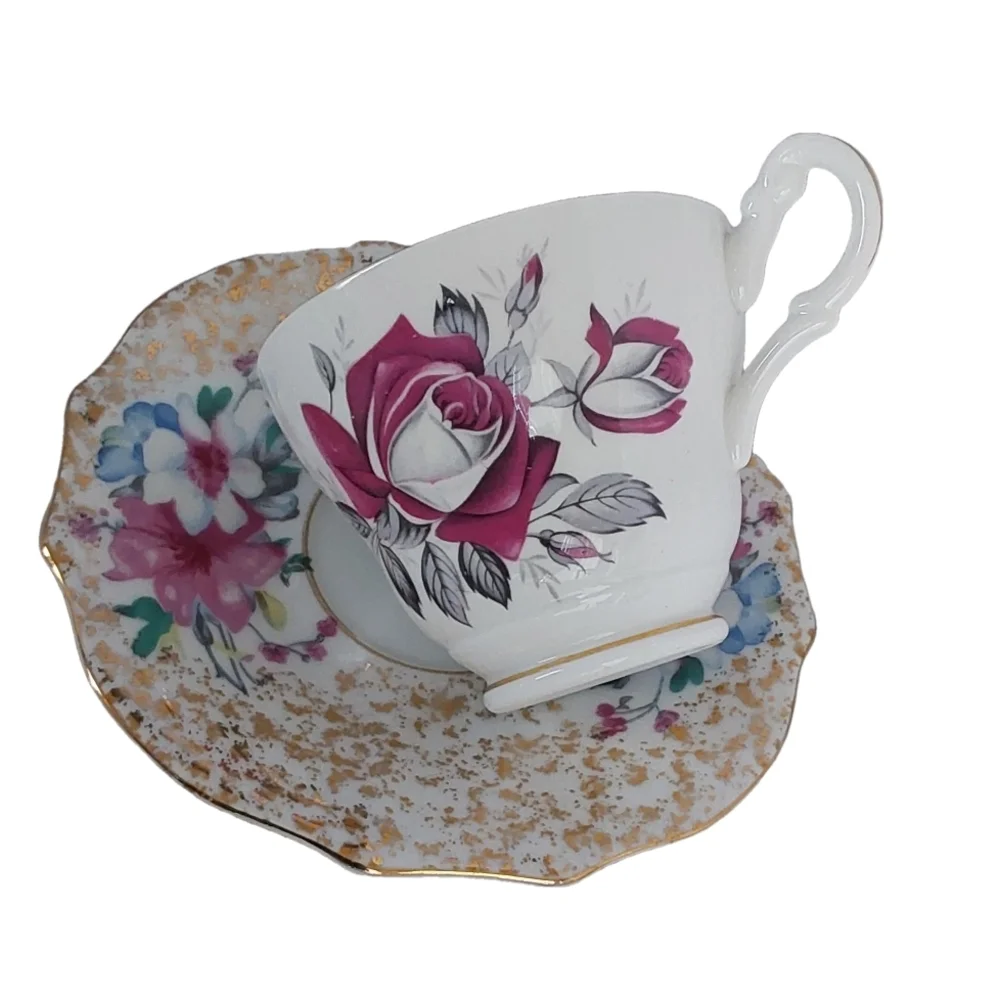 Consort Fine Bone Floral Teacup and Saucer Set with‎ Gold Accents